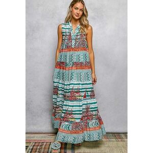 POL Sleeveless Cotton Maxi Dress V-Neck Tiered Sailboat Print Green MEDIUM